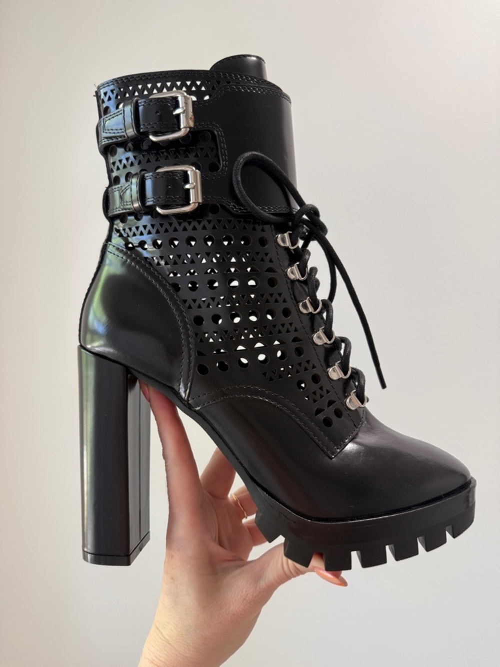 Alaïa Black Laser-Cut Leather Combat Platform Boots | Lug Sole Heel | size 38